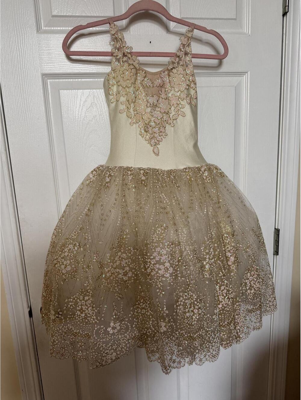 Costume Gallery Girls Cream and Gold Glitter Floral Dance Dress Size Large Child